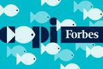 Copi logo and Forbes logo in a sea of geometric fish
