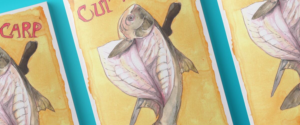 Cut the Carp comic book featuring an illustrated fish getting butchered